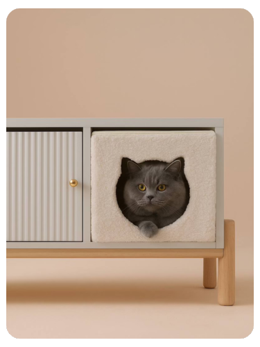 Katzenkorb aus Teddy-Stoff FAMILY - weiß